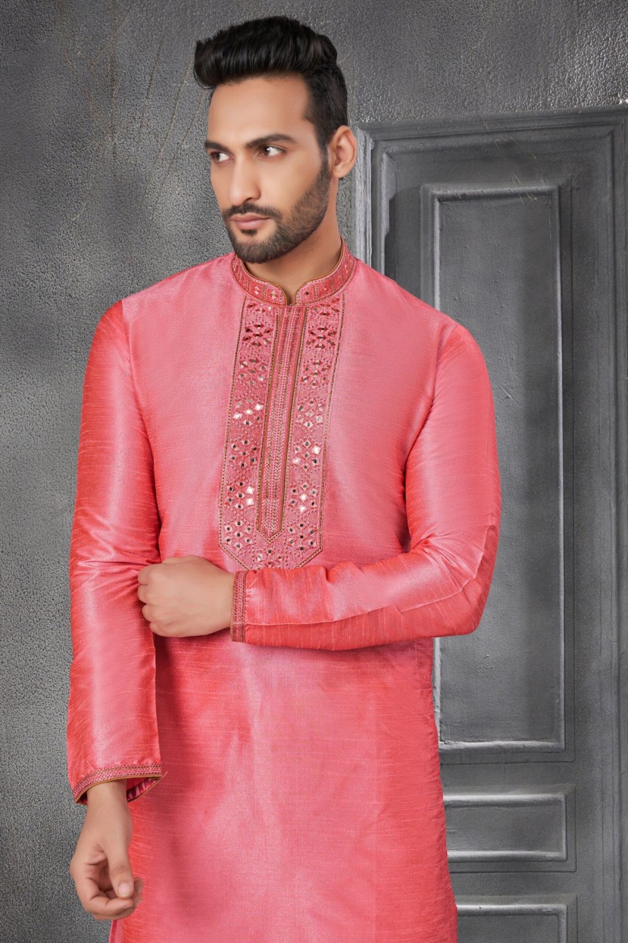 Men IndiFeels | Pink Kurta Pajama For Men With Neck Embroidery