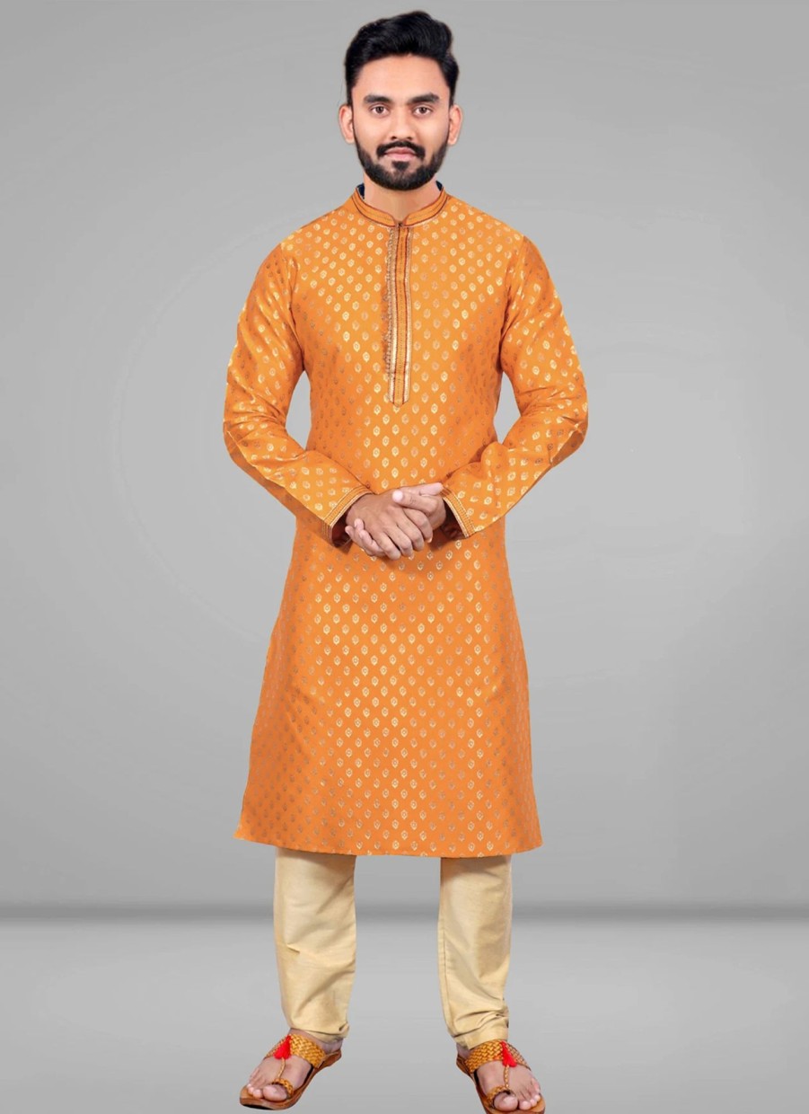 Men IndiFeels | Cotton Men'S Kurta Pajama Mustard