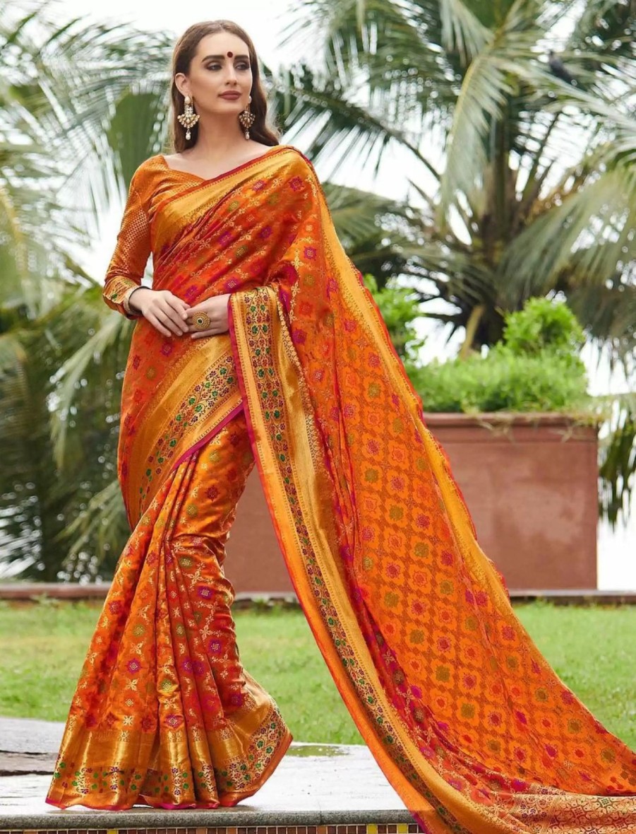 Women IndiFeels Sarees | Silk Banarasi Saree In Orange