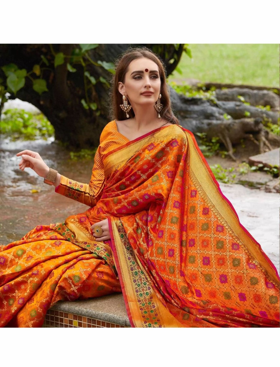 Women IndiFeels Sarees | Silk Banarasi Saree In Orange