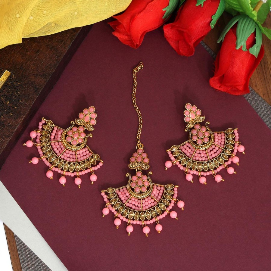 Women IndiFeels Maang Tikka Earrings Set | Kundan Maang Tikka With Earrings Pink