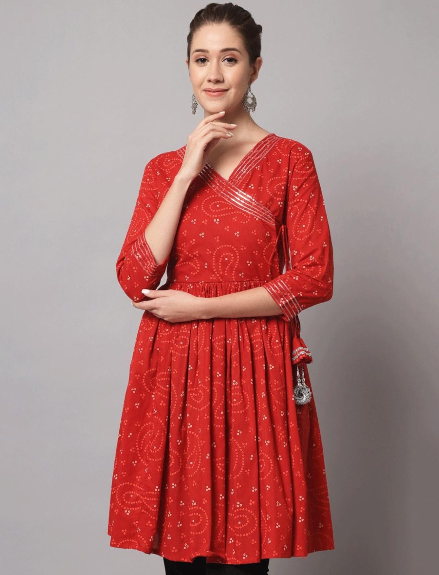 Women IndiFeels Kurti | Bandhani Red Short Kurti Women