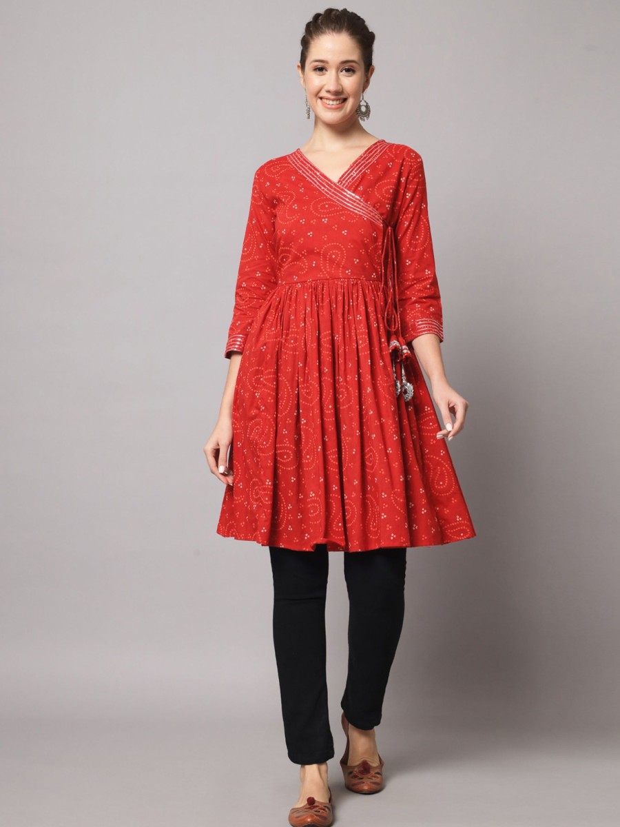 Women IndiFeels Kurti | Bandhani Red Short Kurti Women