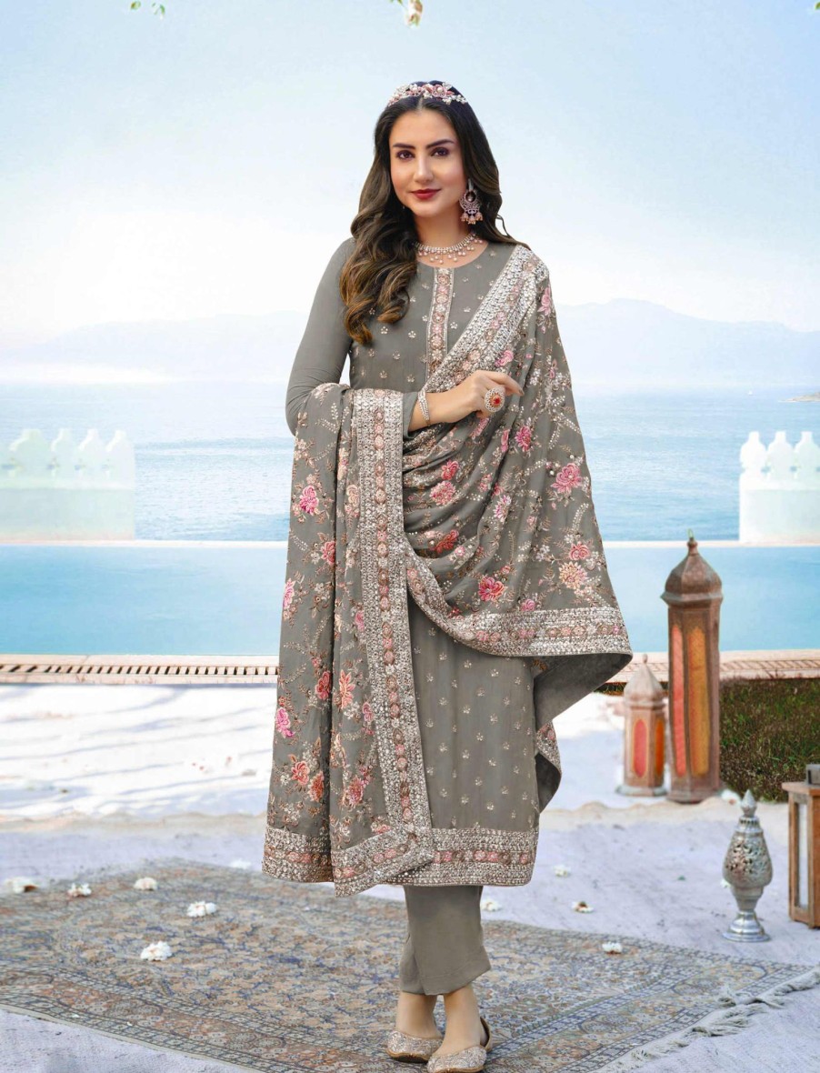 Women IndiFeels Suits | Georgette Fabric Lovely Embroidered Suit In Grey Color