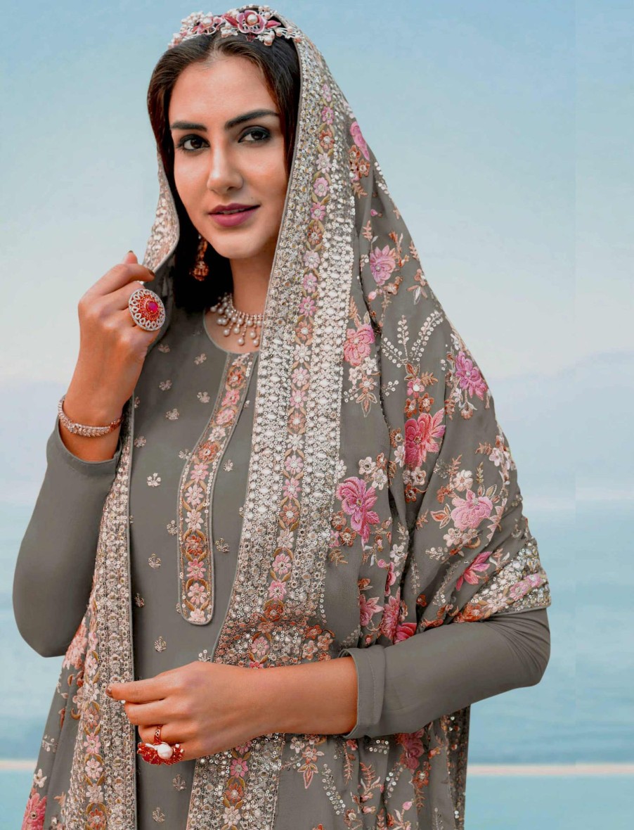 Women IndiFeels Suits | Georgette Fabric Lovely Embroidered Suit In Grey Color