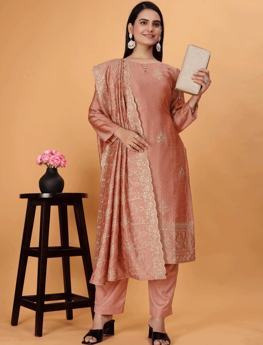 Women IndiFeels Suits | Embroidered Peach Punjabi Salwar Suit With Dupatta