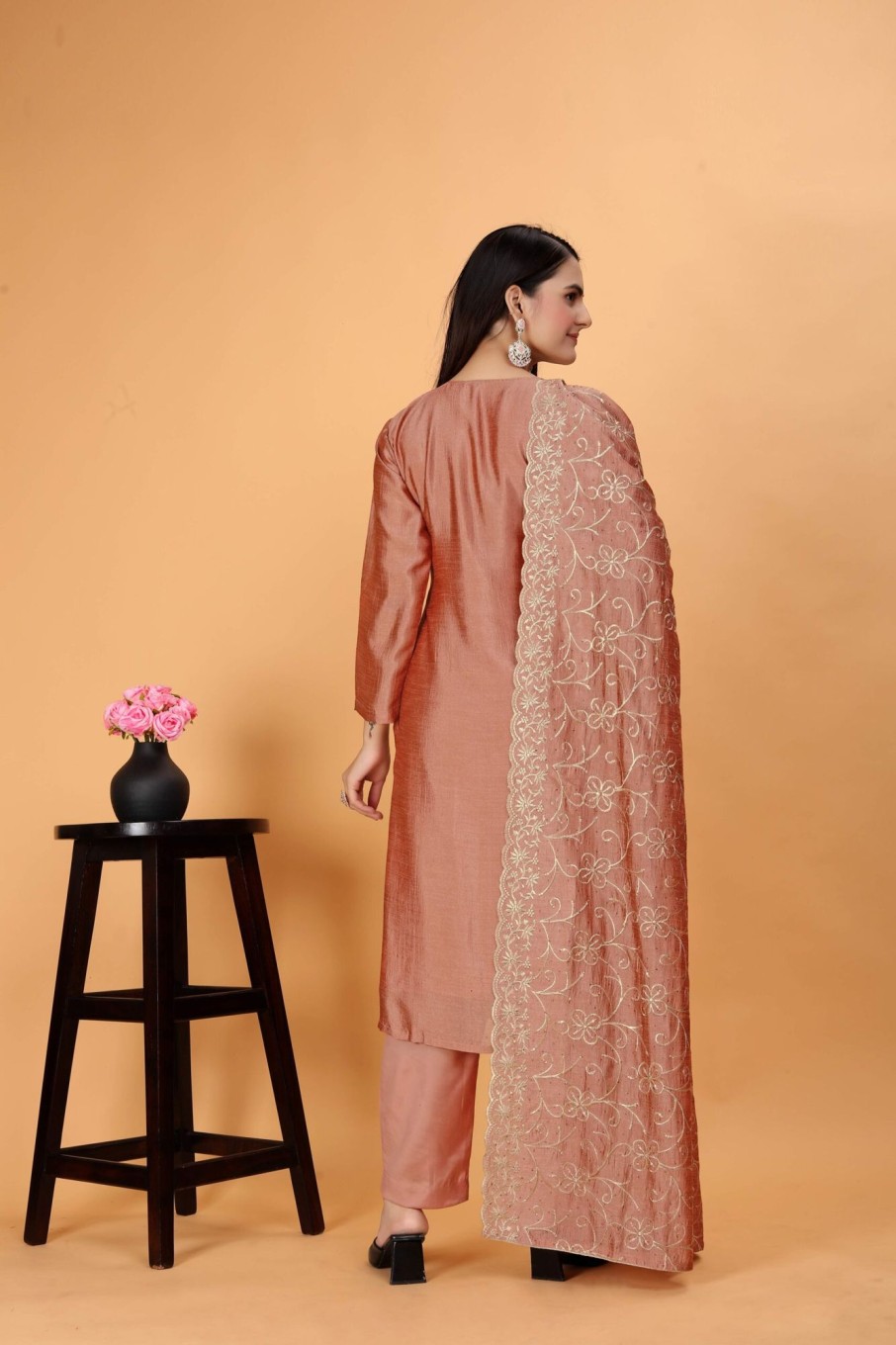 Women IndiFeels Suits | Embroidered Peach Punjabi Salwar Suit With Dupatta