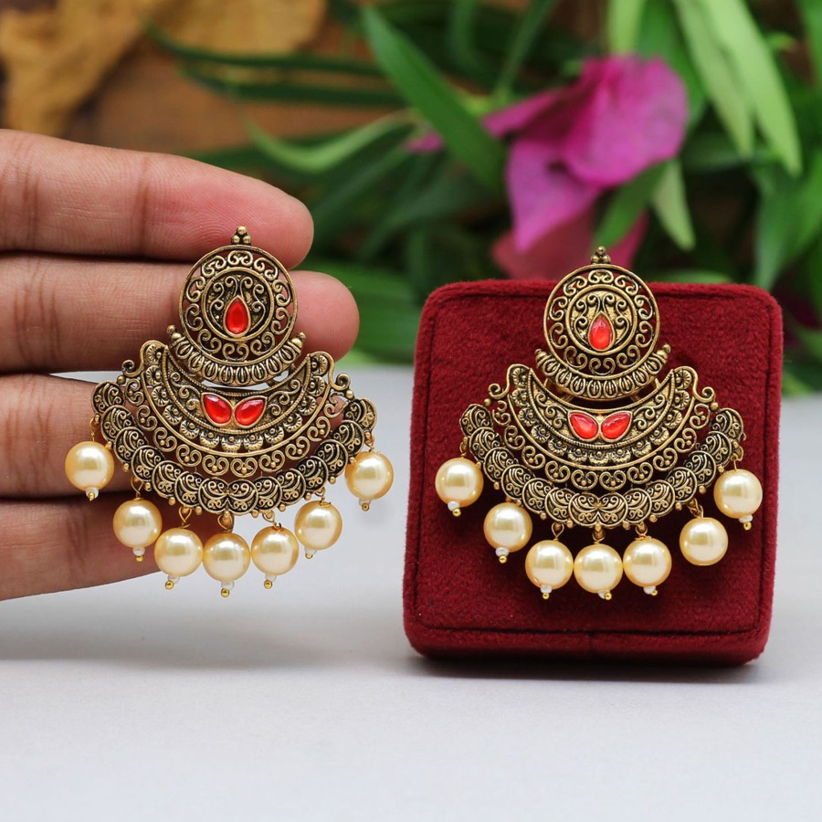 Women IndiFeels Earrings | Red Golden Kundan Earrings