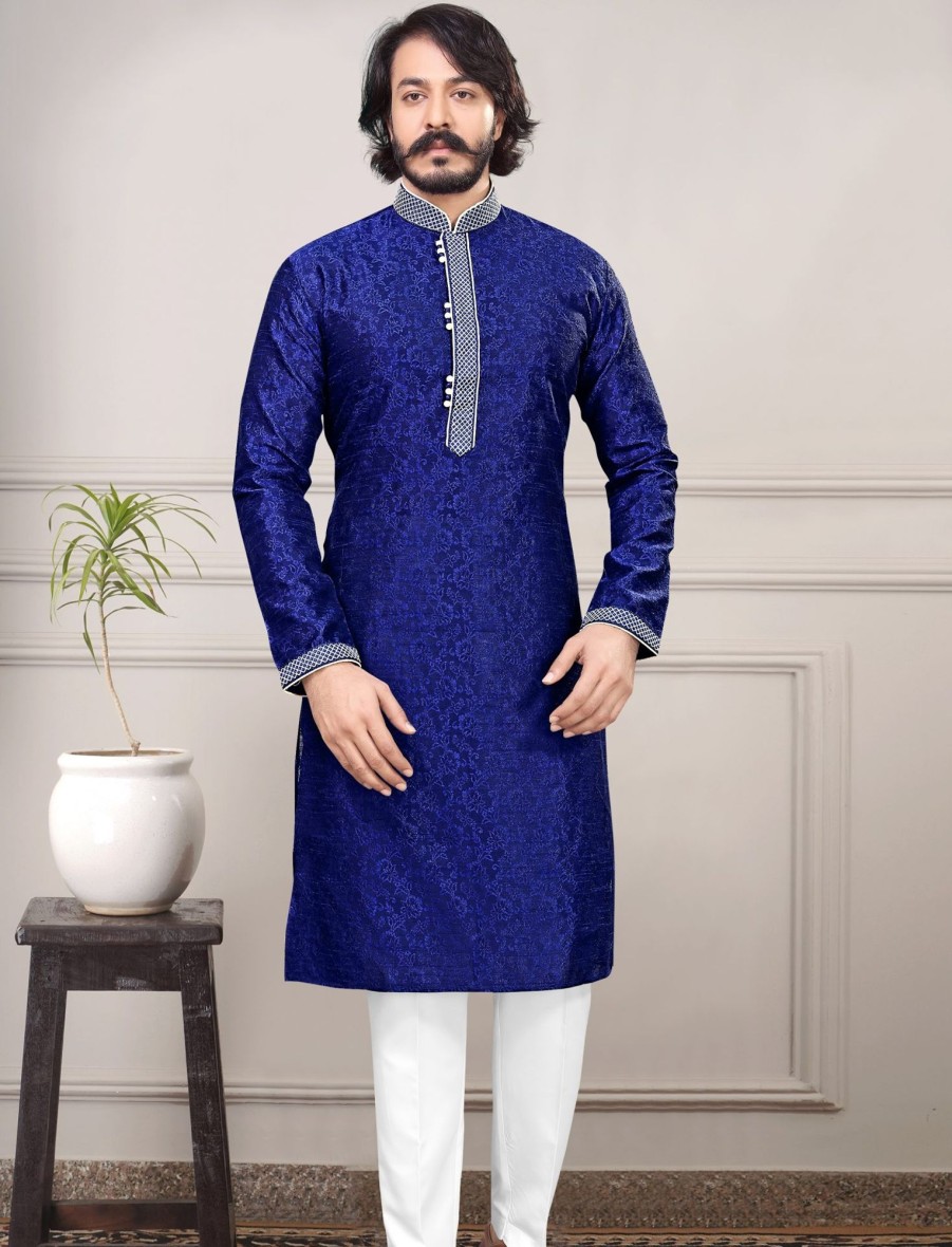 Men IndiFeels | New Printed Royal Blue Kurta Pajama For Men