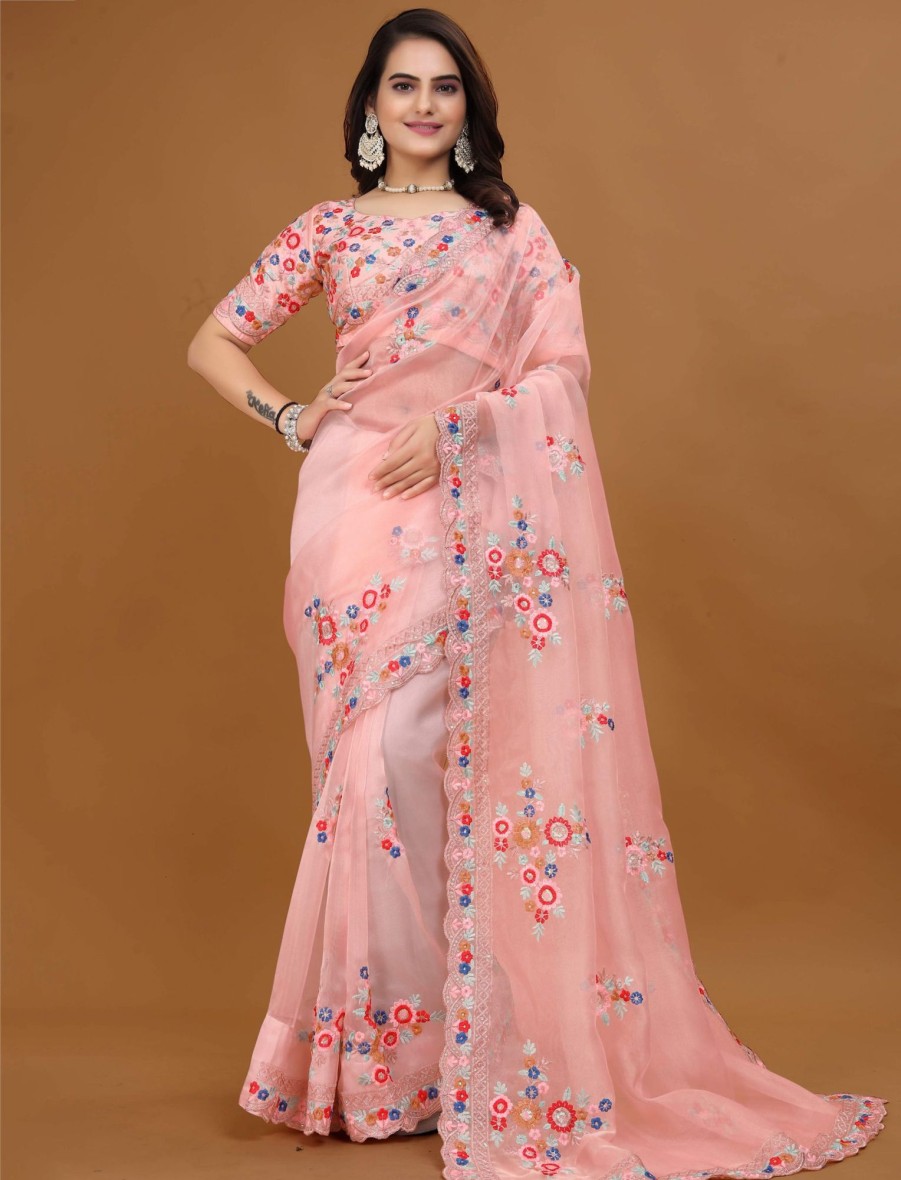 Women IndiFeels Sarees | Peach Hand Embroidered Saree