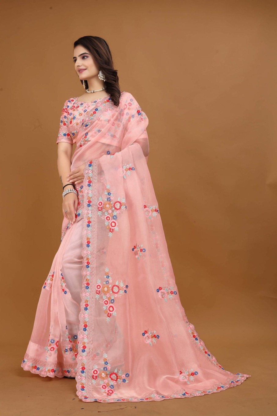 Women IndiFeels Sarees | Peach Hand Embroidered Saree