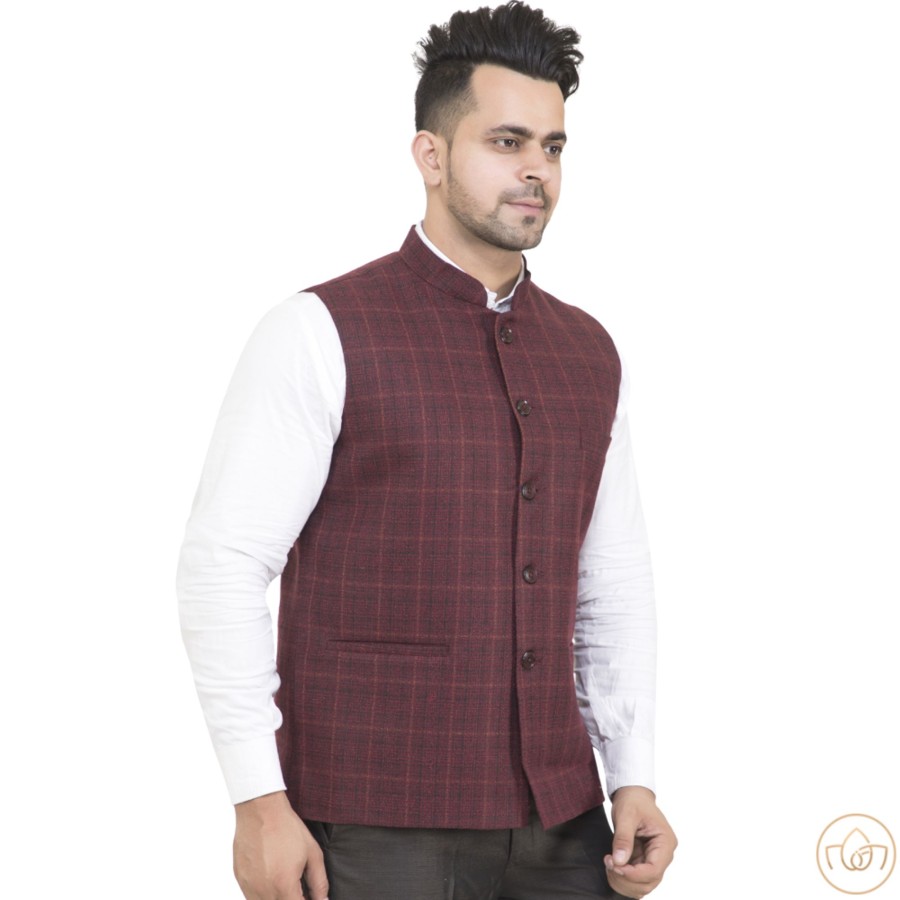 Men IndiFeels | Check Nehru Jacket – Maroon - Semi Woolen