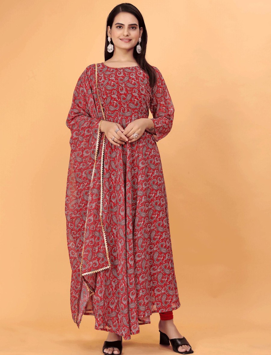 Women IndiFeels Anarkali | Maroon Anarkali Printed Suit With Dupatta