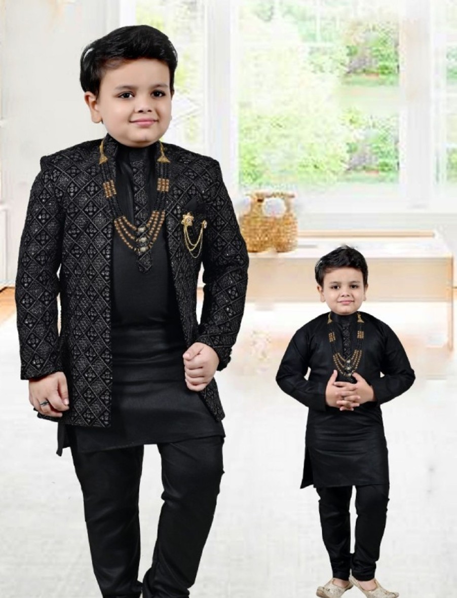 Kids IndiFeels | Kids Kurta Pyjama Set With Jacket - Black