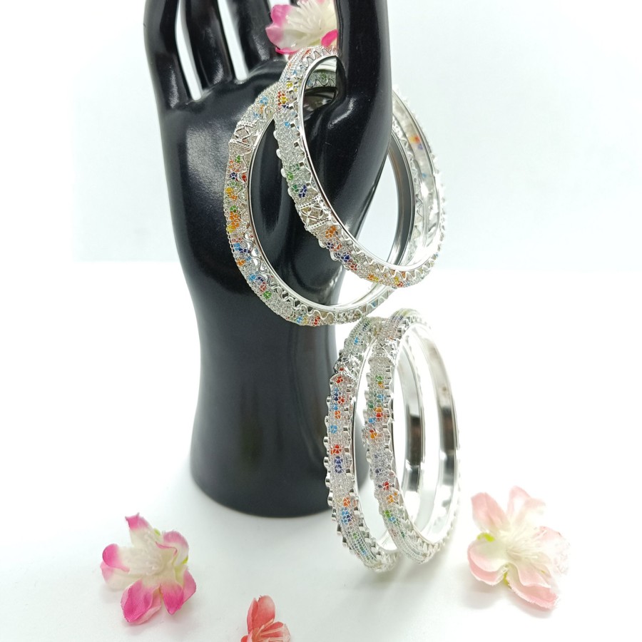 Women IndiFeels Bangles | Silver Multi Colour Bangles Set