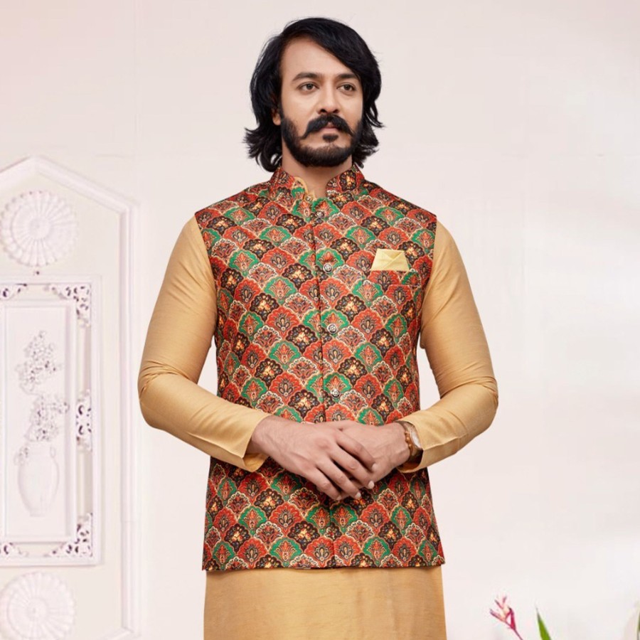 Men IndiFeels | Multi-Colour Printed Nehru Jacket