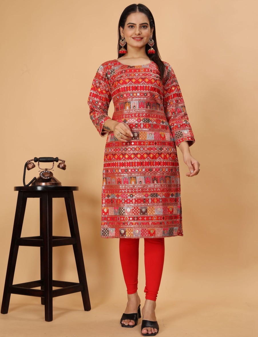 Women IndiFeels Kurti & Pants | Women Red Embroidery Kurti Set