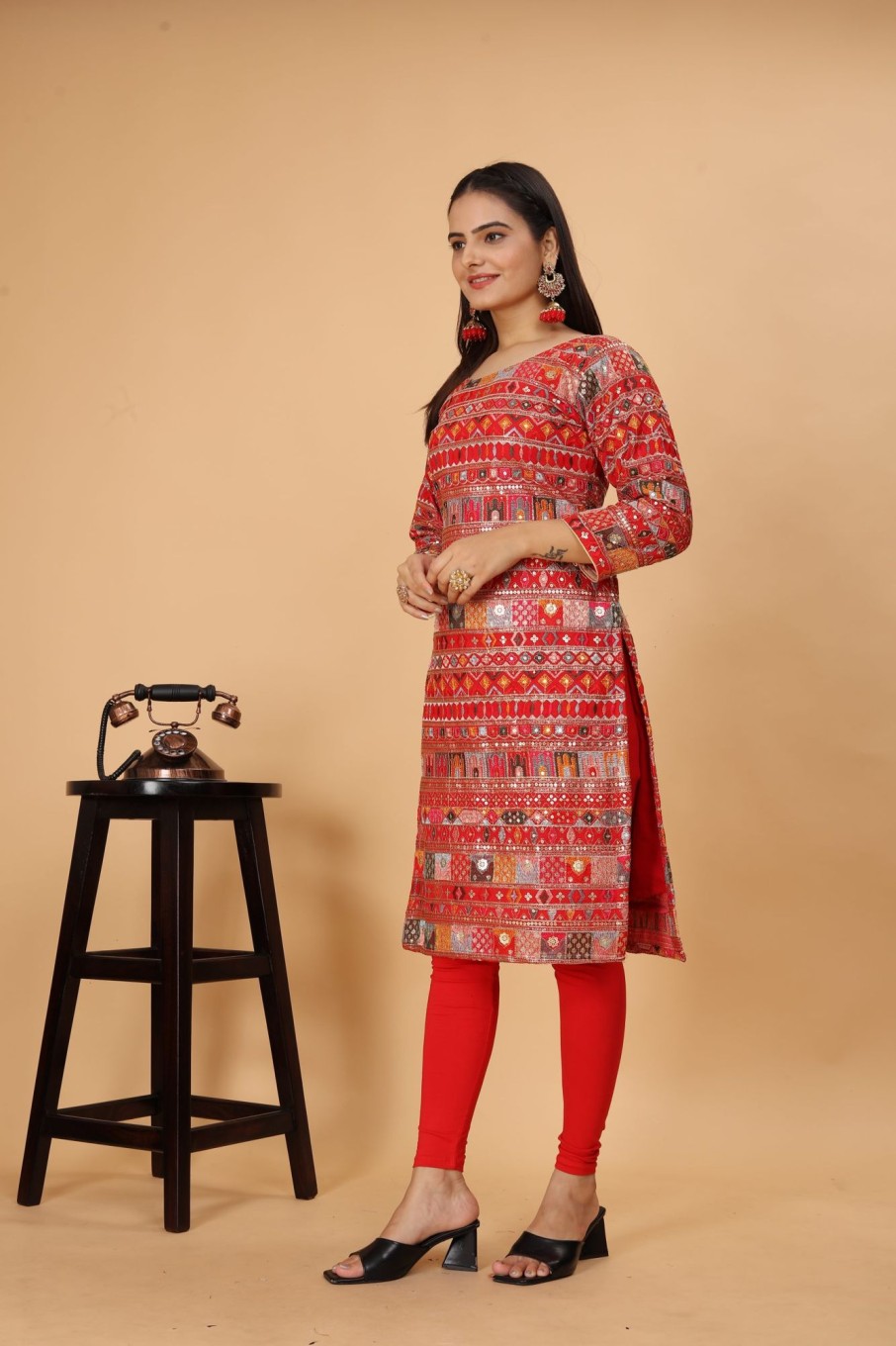 Women IndiFeels Kurti & Pants | Women Red Embroidery Kurti Set