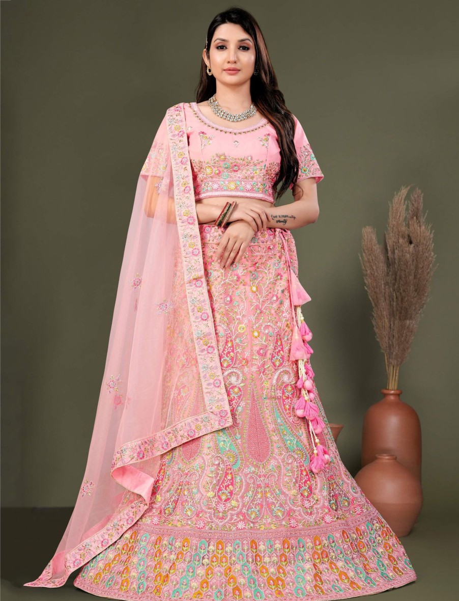 Women IndiFeels Lehenga | Light Pink Lehenga Choli Embellished With Multicolored Thread Work