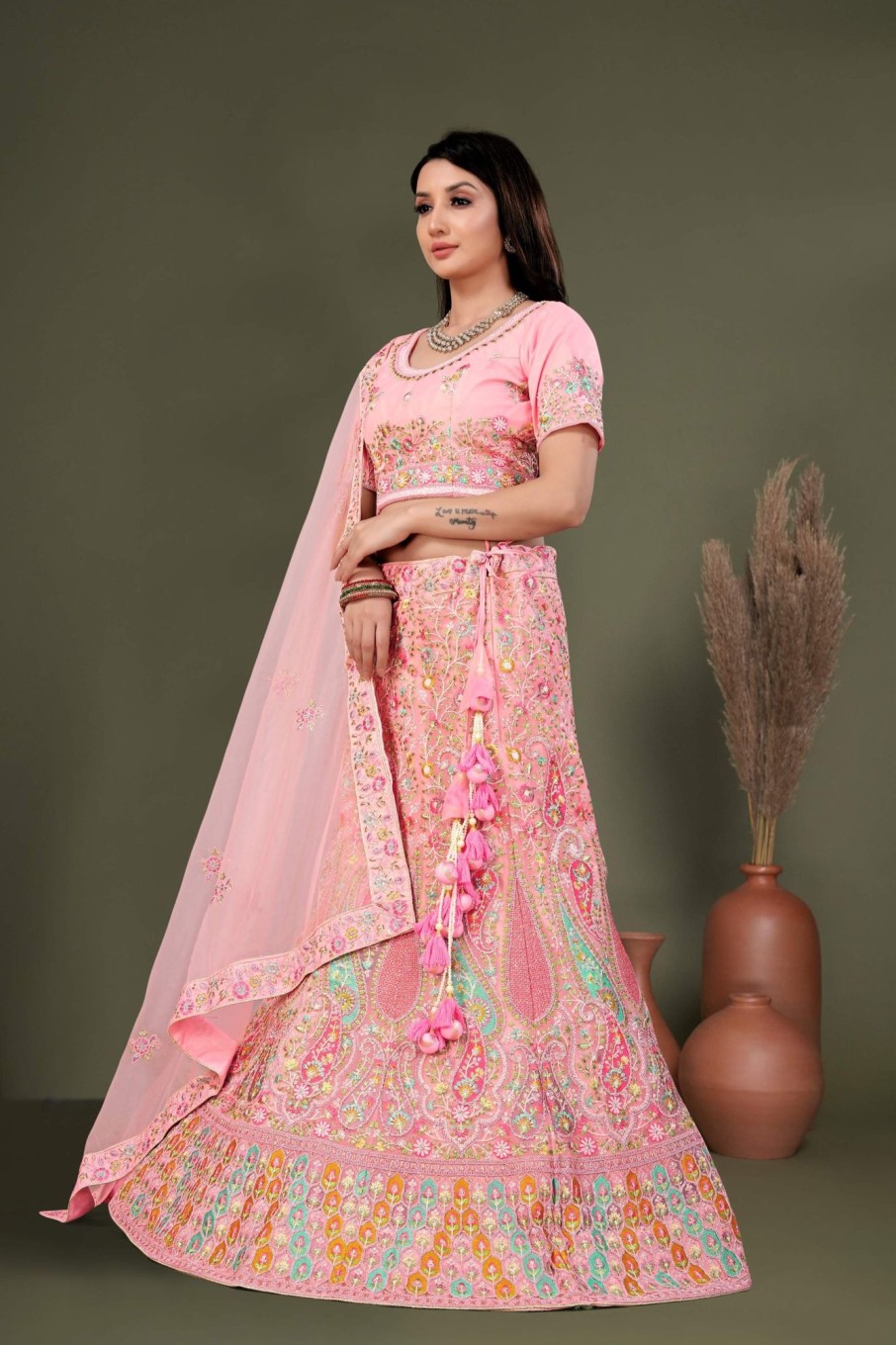 Women IndiFeels Lehenga | Light Pink Lehenga Choli Embellished With Multicolored Thread Work