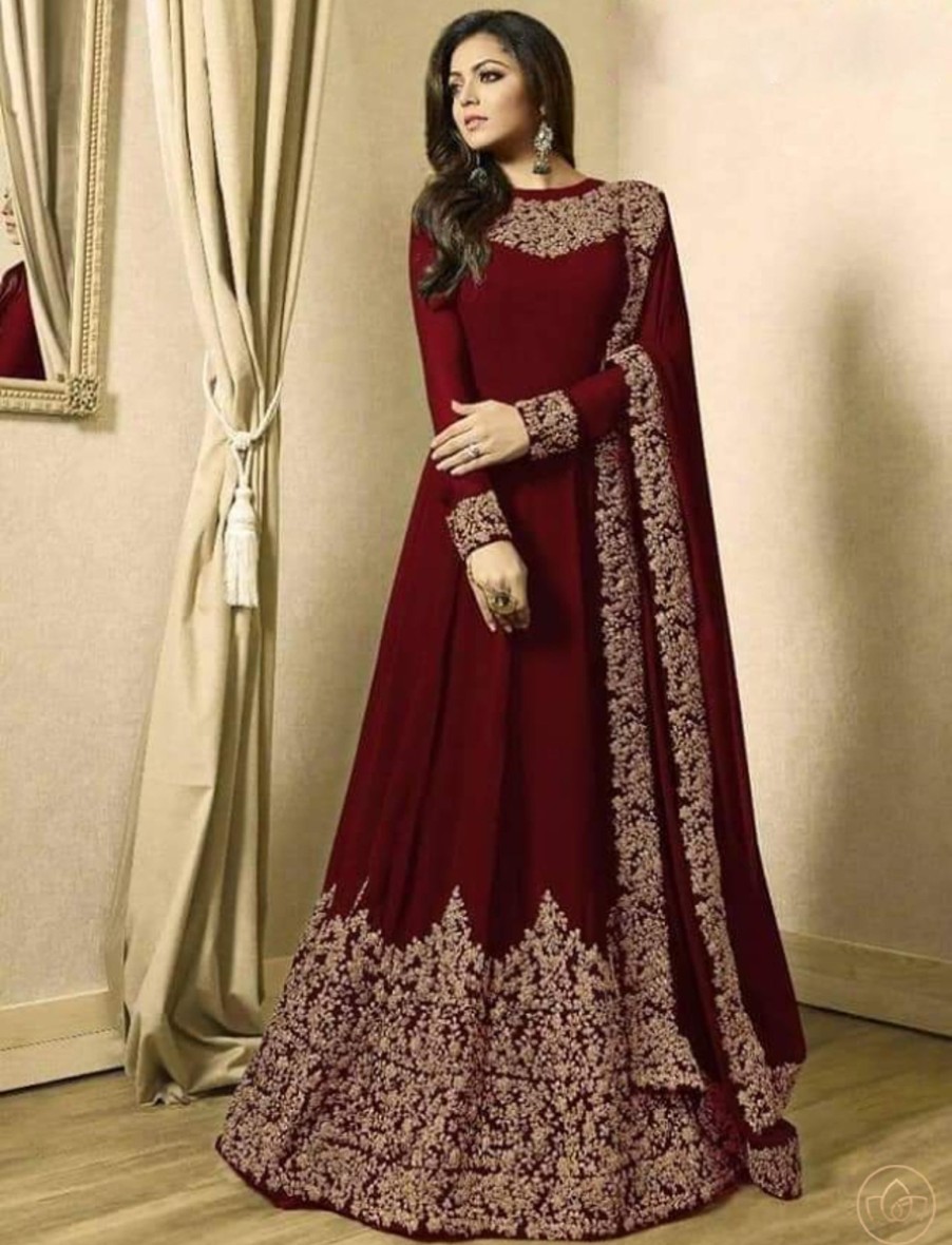 Women IndiFeels Anarkali | Embroidered Maroon Anarkali Gown With Dupatta