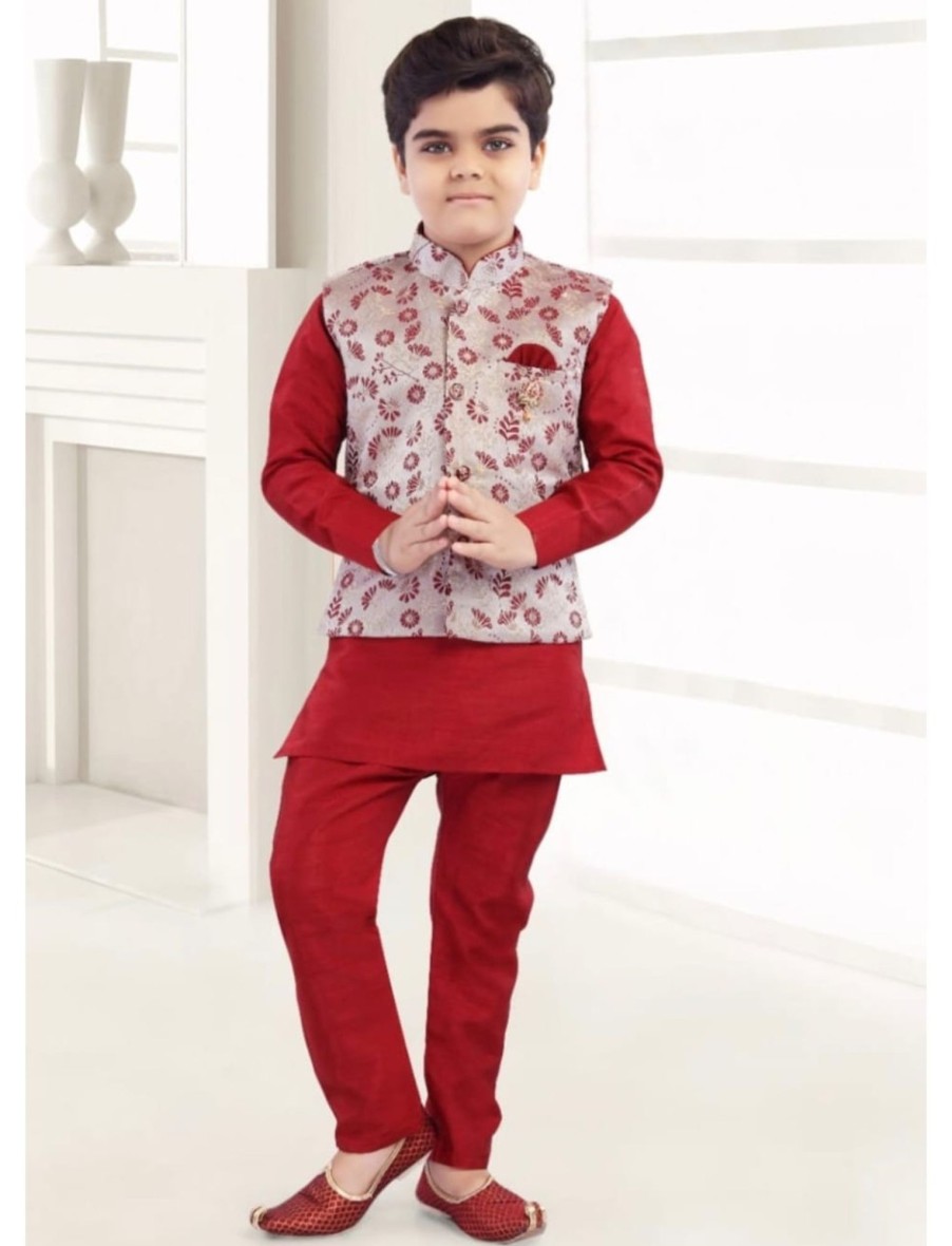 Kids IndiFeels | Party Wear Kurta Pajama With Printed Jacket