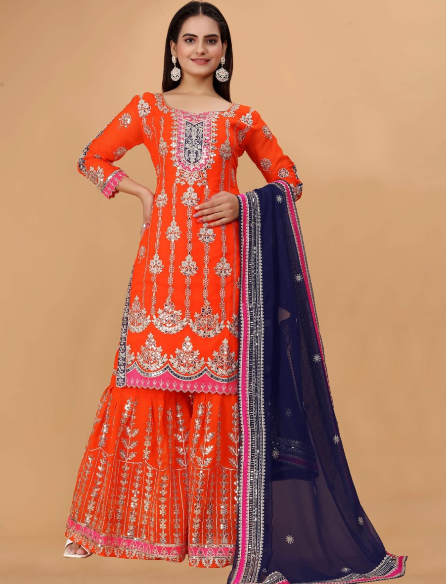 Women IndiFeels Suits | Embroidered Georgette Pakistani Sharara Suit