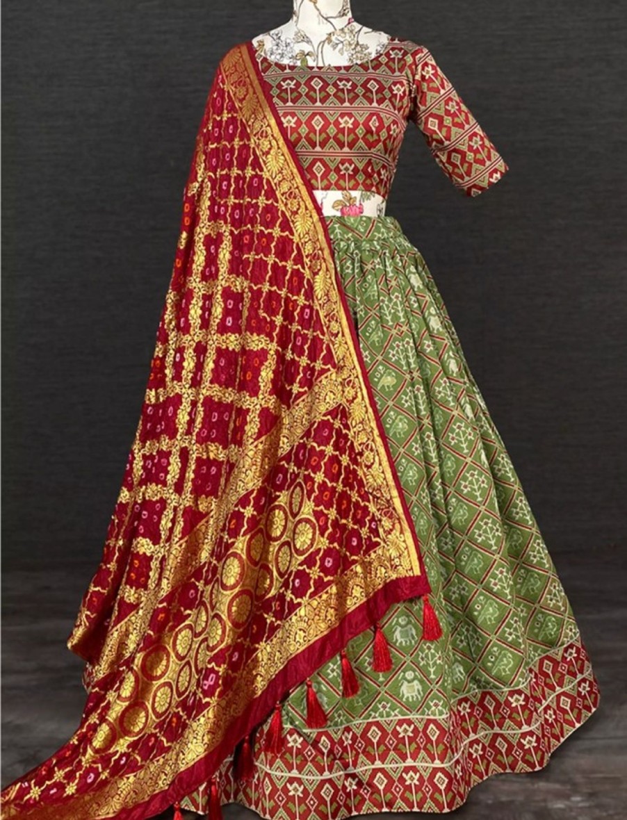 Women IndiFeels Lehenga | Women Green And Red Lehenga Choli