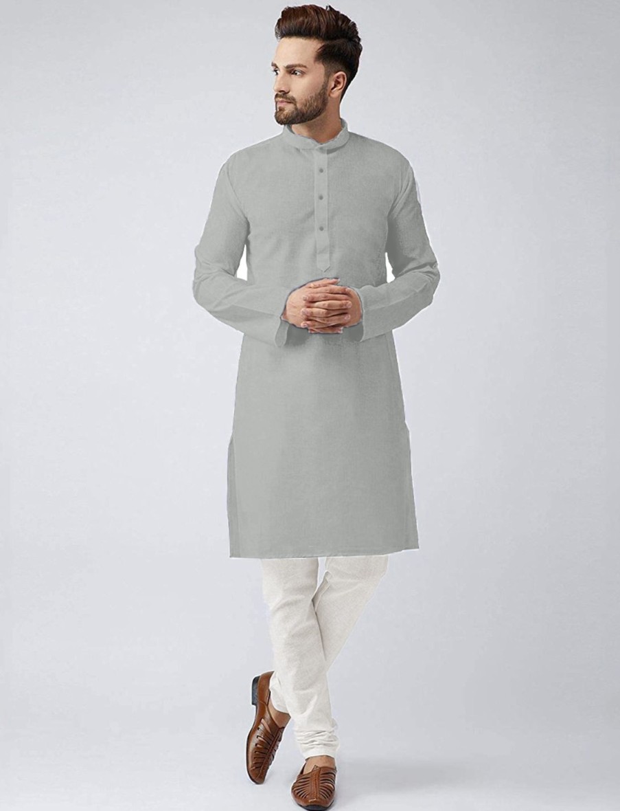 Men IndiFeels | Plain Kurta Pajama - Light Grey