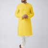 Men IndiFeels | Mens Plain Cotton Kurta Pyjama - Yellow