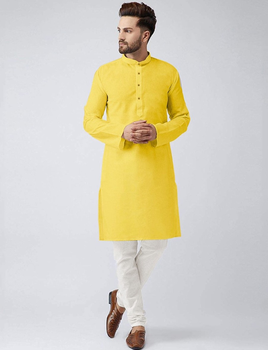 Men IndiFeels | Mens Plain Cotton Kurta Pyjama - Yellow