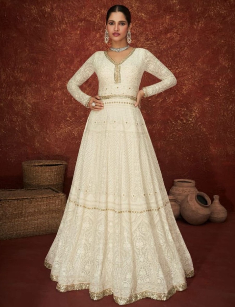 Women IndiFeels Anarkali | White Embroidered Anarkali Gown