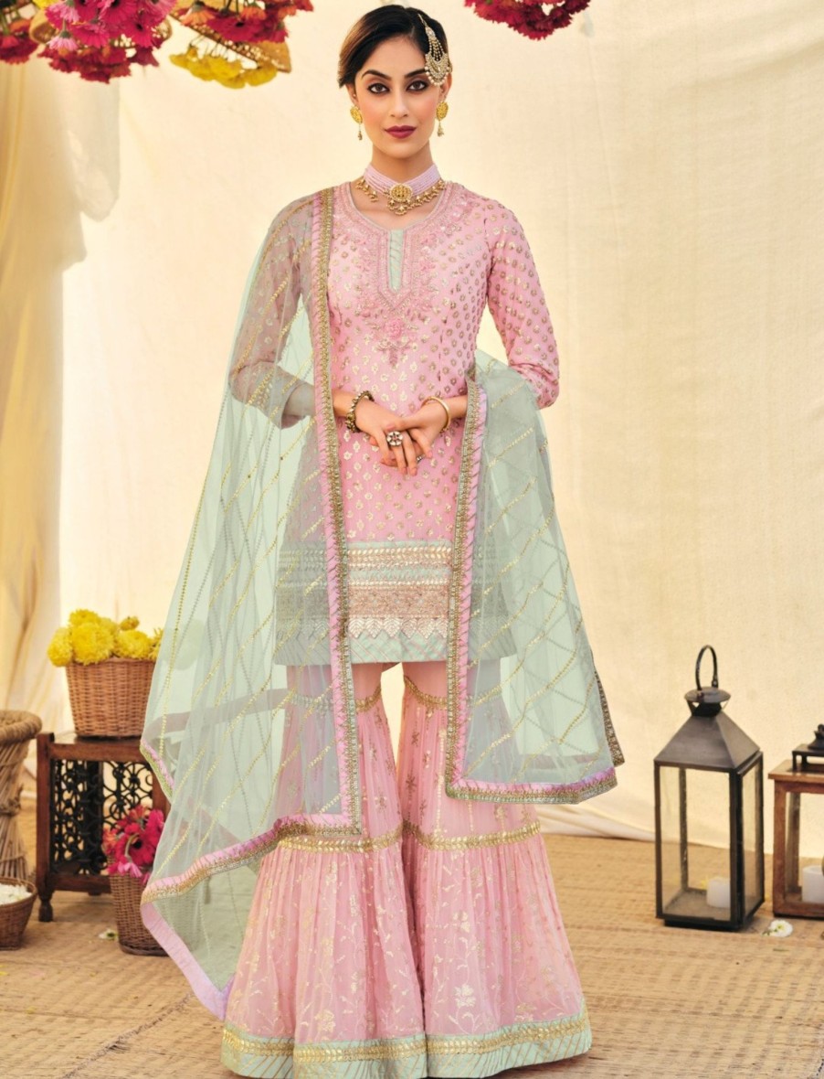 Women IndiFeels Suits | Embroidered Georgette Pakistani Suit In Light Pink