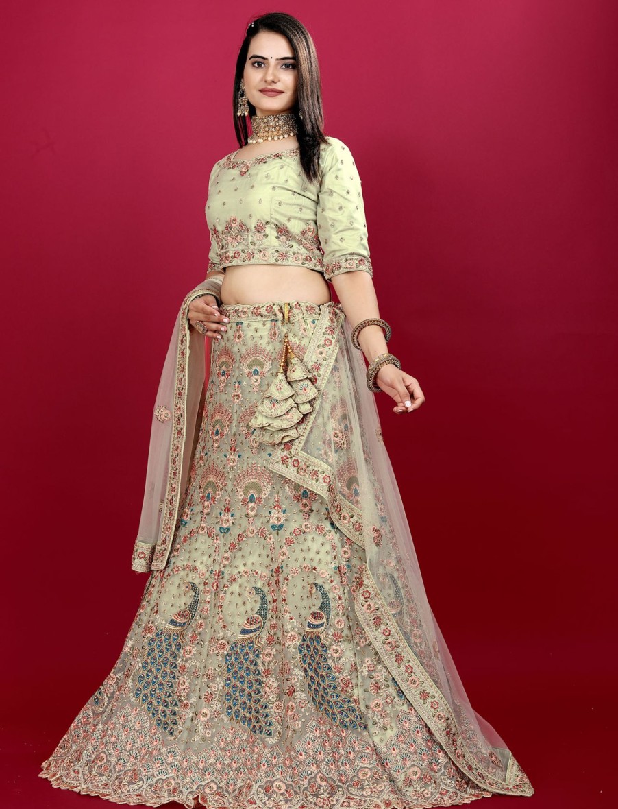 Women IndiFeels Lehenga | Pista Green Heavy Party Wear Lehenga Choli