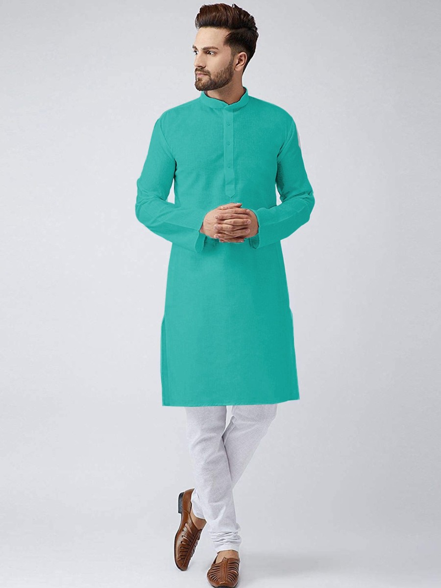 Men IndiFeels | Cotton Aqua Green Kurta Pajama For Men