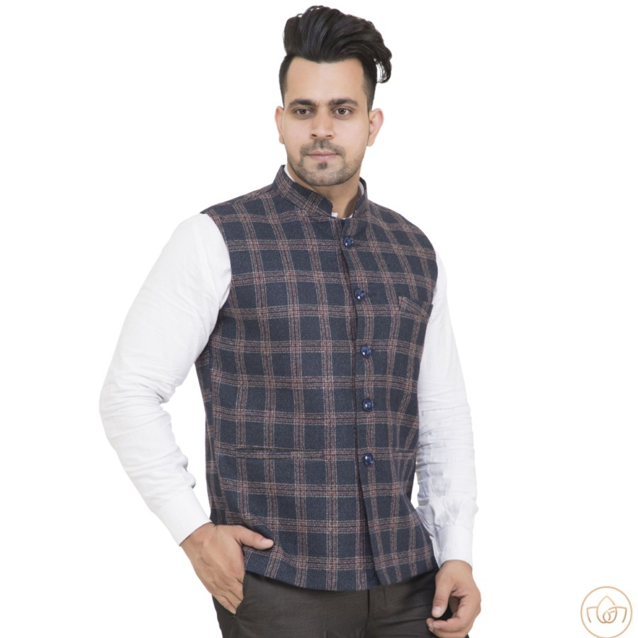 Men IndiFeels | Check Nehru Jacket – Blue - Semi Woolen