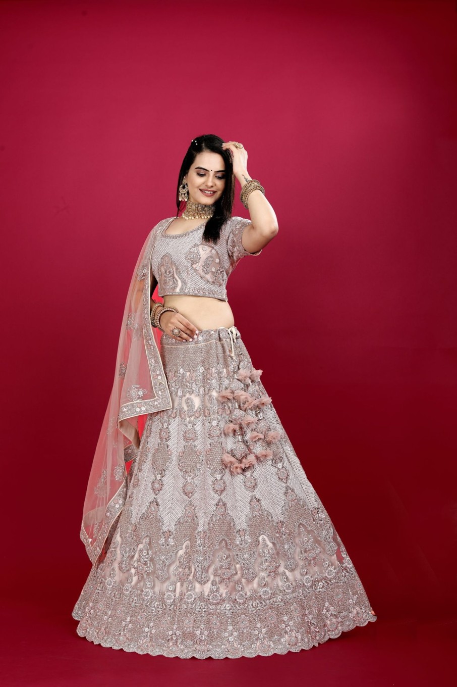 Women IndiFeels Lehenga | Pink Beige Party Wear Heavy Lehenga Choli