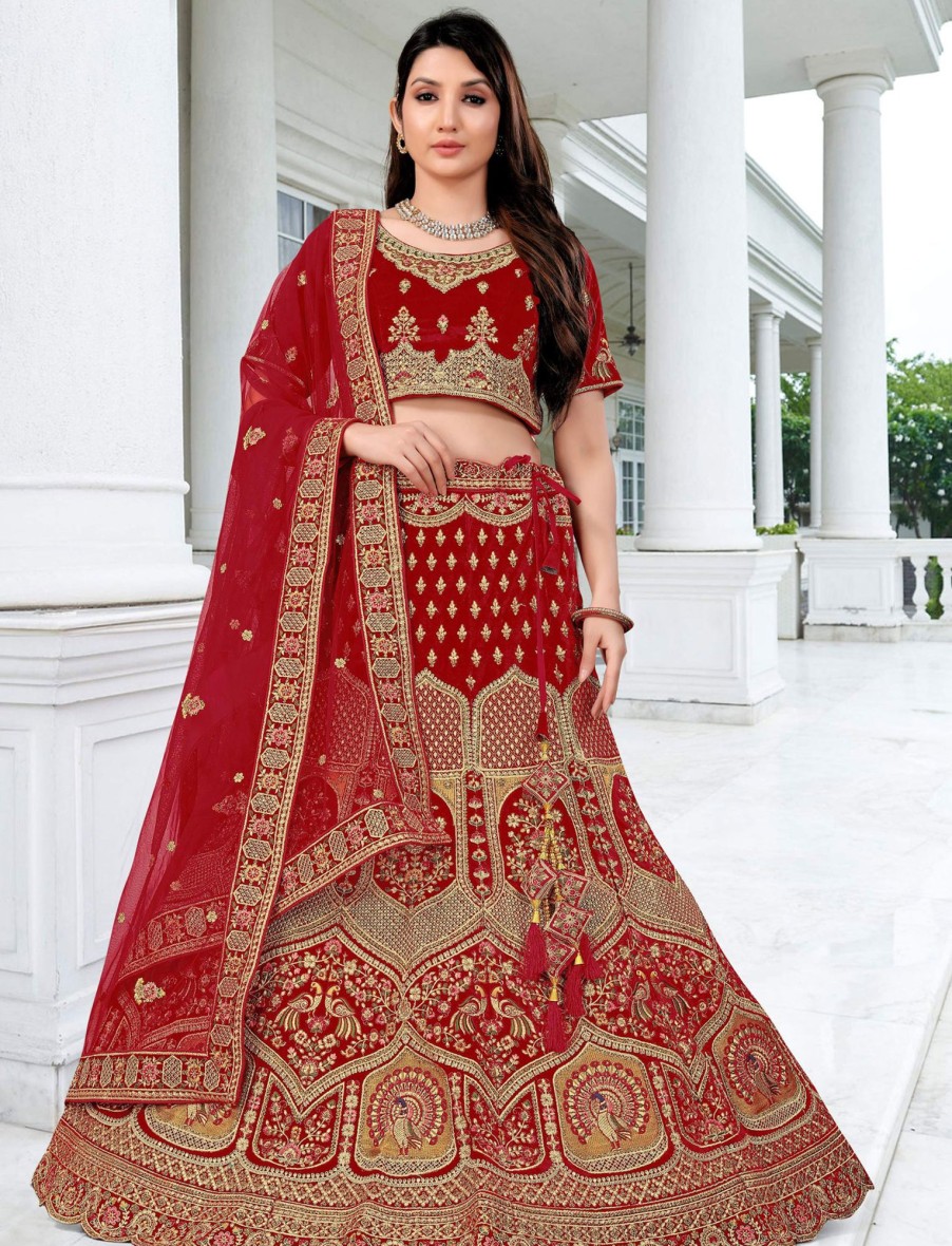 Women IndiFeels Lehenga | Velvet Resham Red Bridal Lehenga Choli