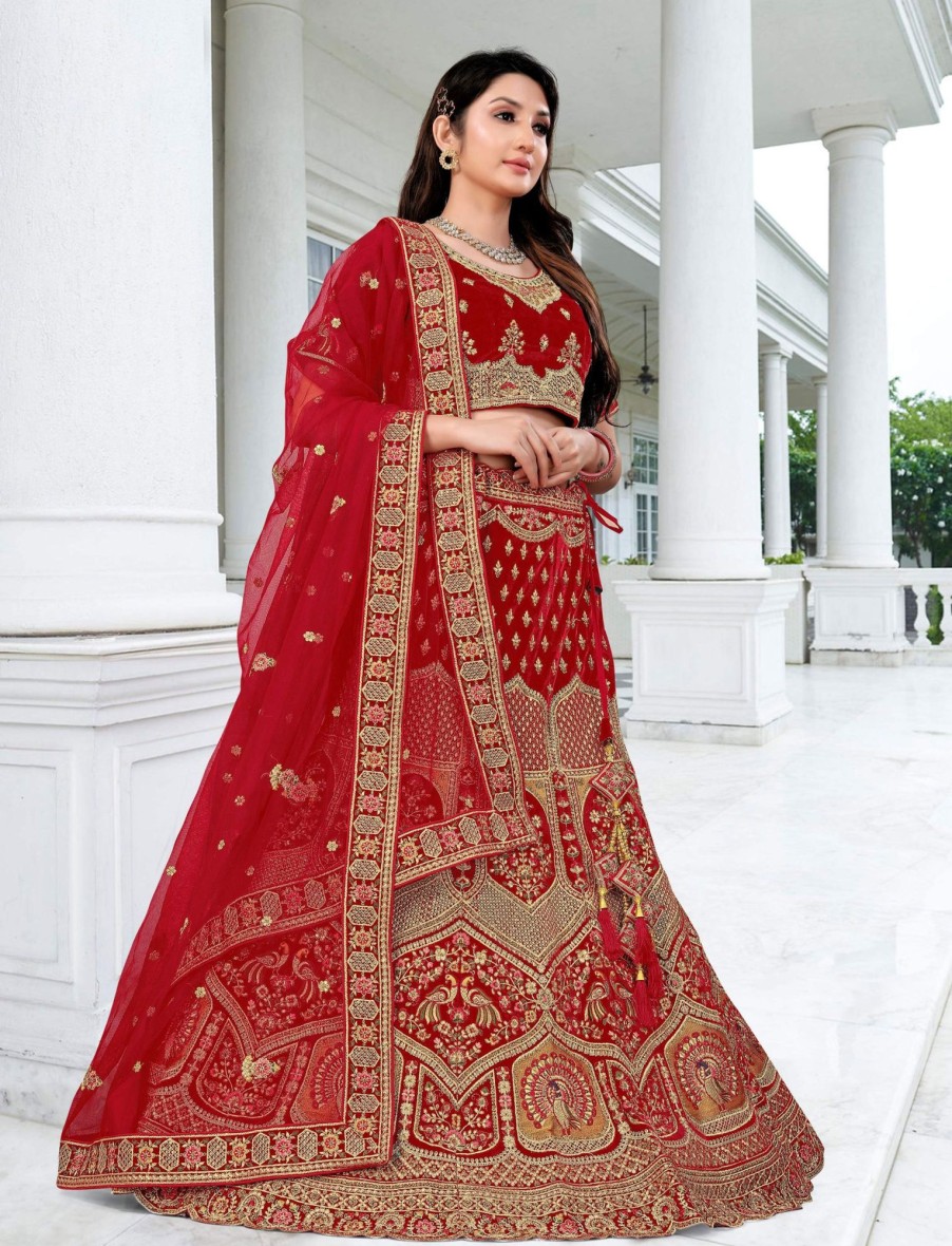 Women IndiFeels Lehenga | Velvet Resham Red Bridal Lehenga Choli