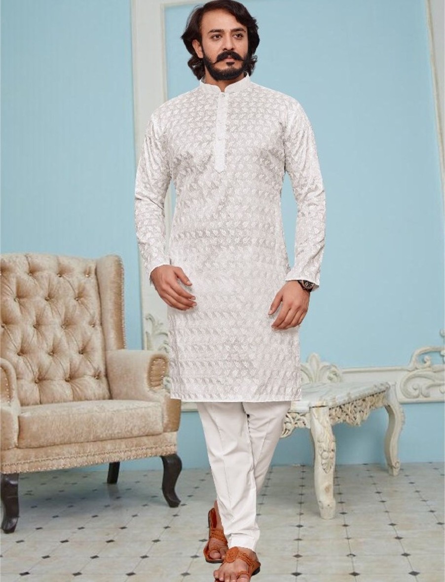 Men IndiFeels | White Chikankari Kurta For Men