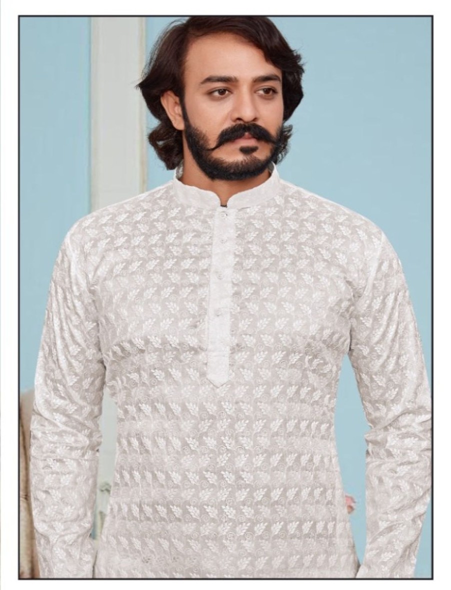 Men IndiFeels | White Chikankari Kurta For Men