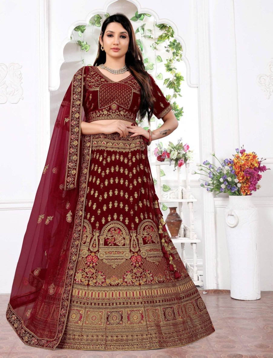 Women IndiFeels Lehenga | Maroon Bridal Velvet Lehenga Choli