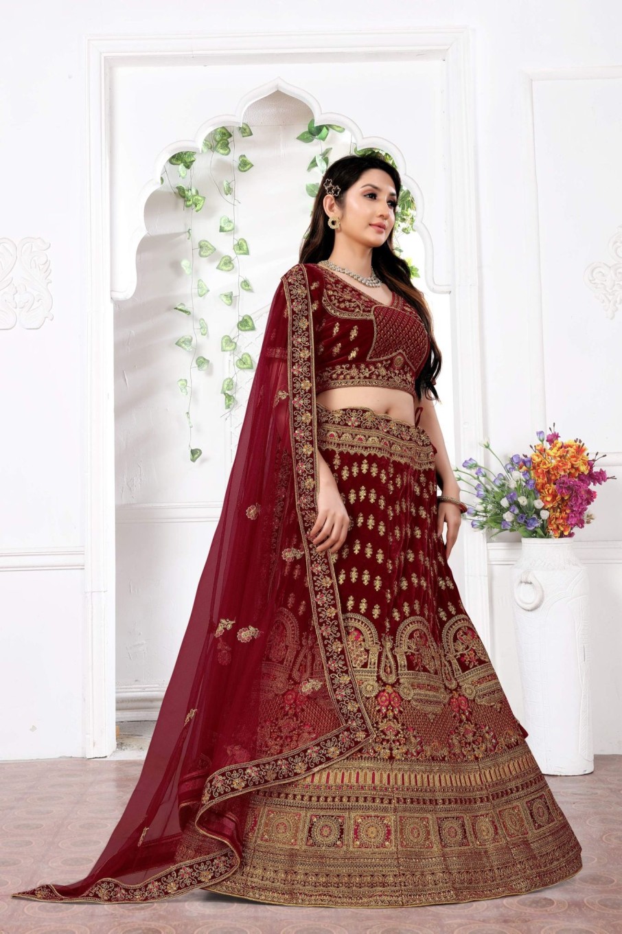 Women IndiFeels Lehenga | Maroon Bridal Velvet Lehenga Choli