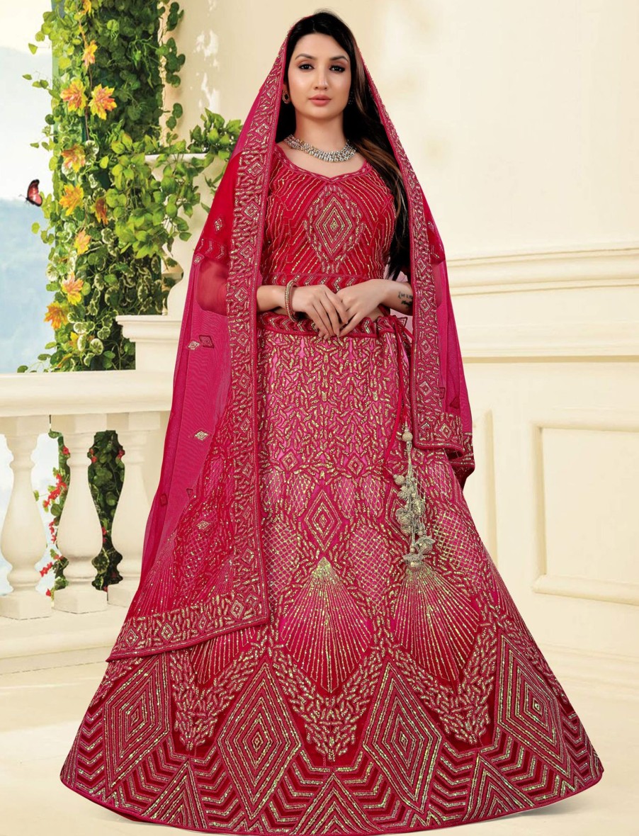 Women IndiFeels Lehenga | Hot Pink Bridal Embroidered Lehenga Set