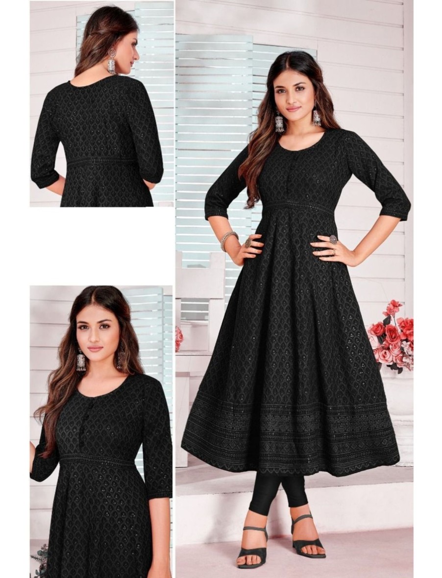 Women IndiFeels Anarkali | Black Chikankari Anarkali Kurti