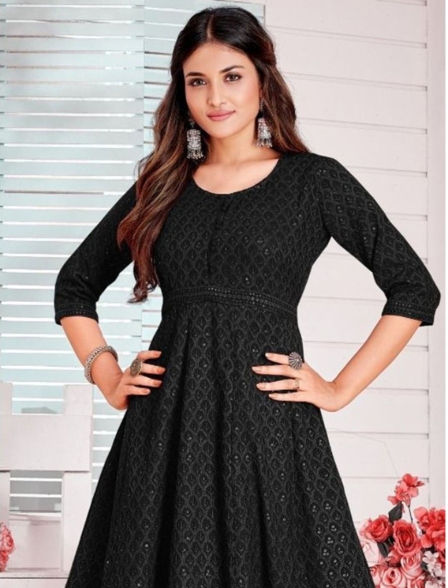 Women IndiFeels Anarkali | Black Chikankari Anarkali Kurti