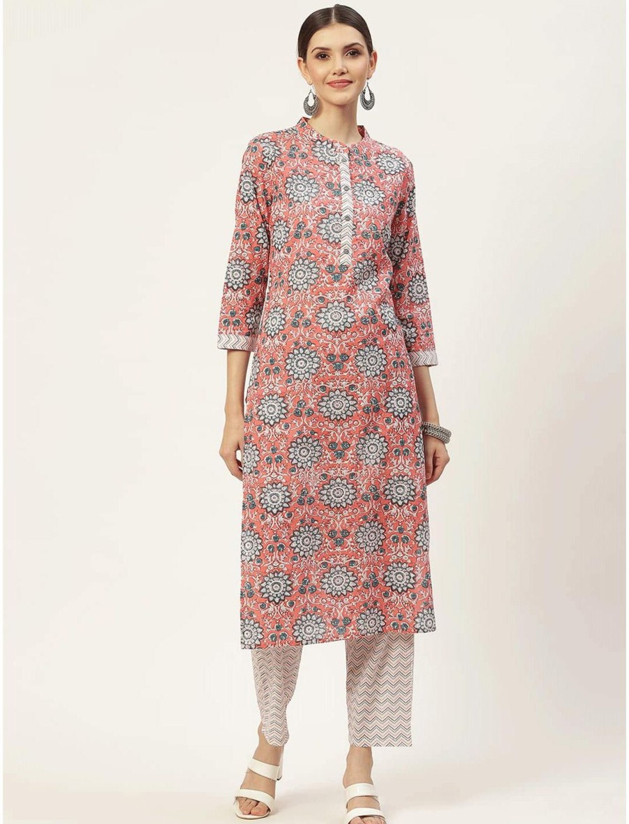 Women IndiFeels Kurti & Pants | Printed Peach Kurti Set Women