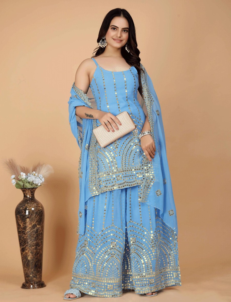 Women IndiFeels Suits | Sky Blue Indian Sharara Suit