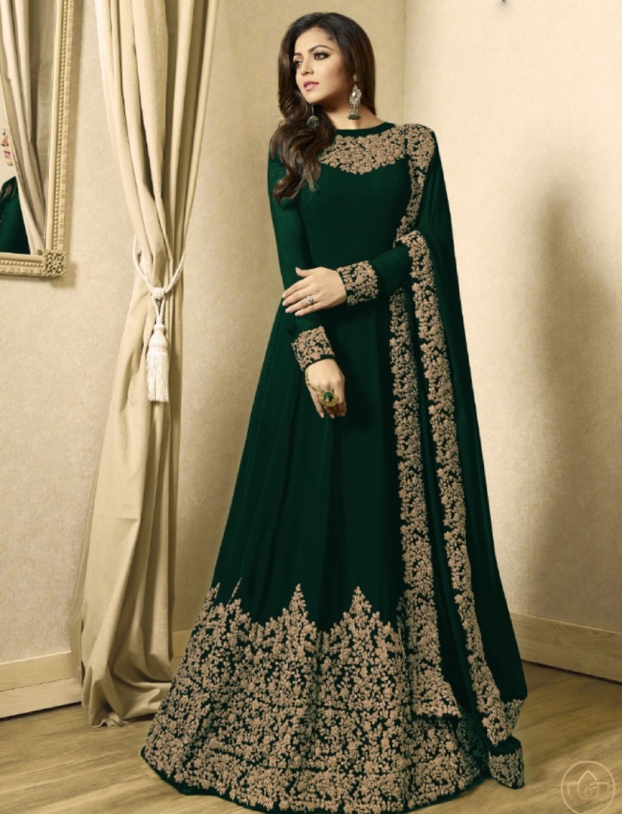 Women IndiFeels Anarkali | Green Embroidered Anarkali Gown With Dupatta