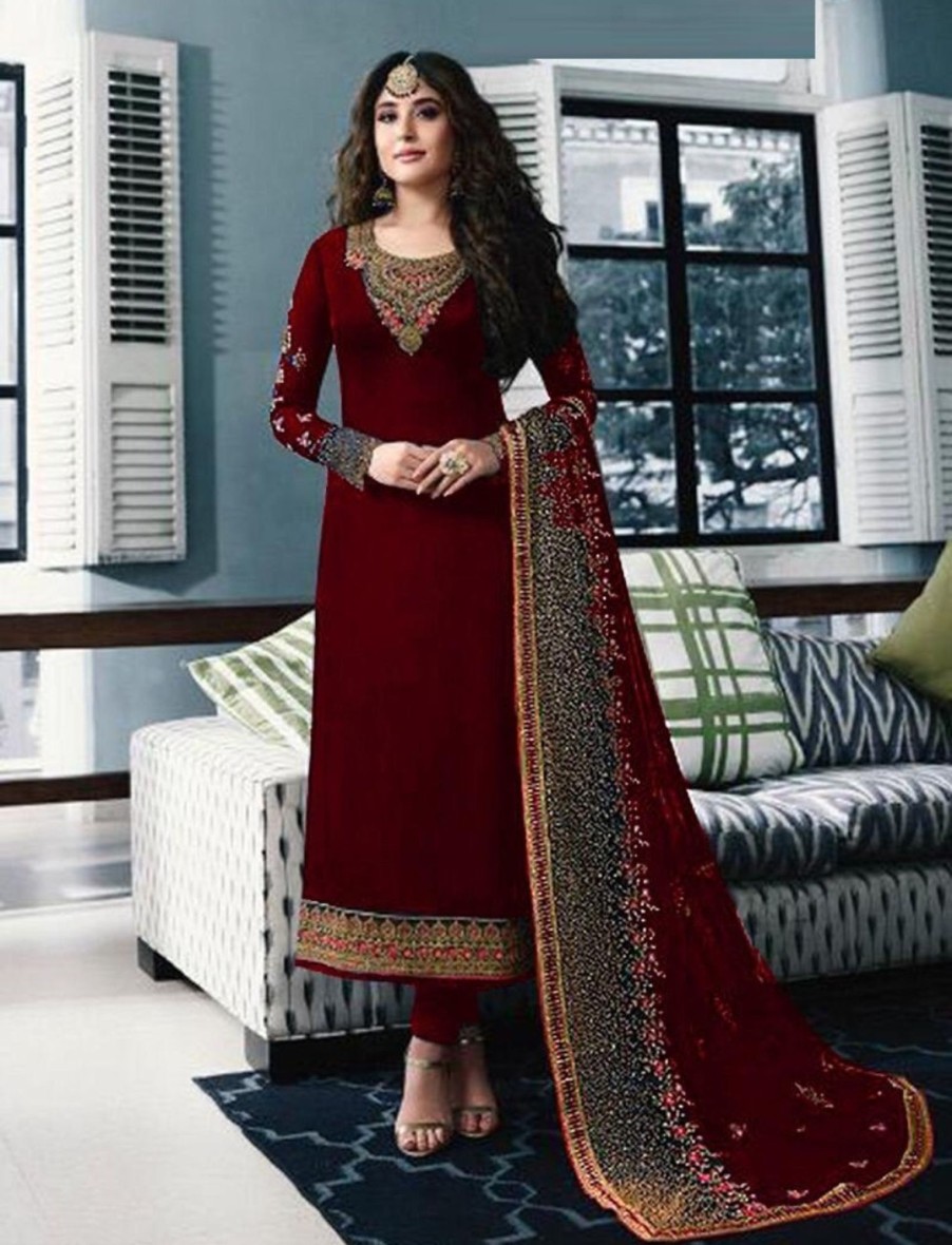 Women IndiFeels Suits | Embroidered Georgette Suit Maroon